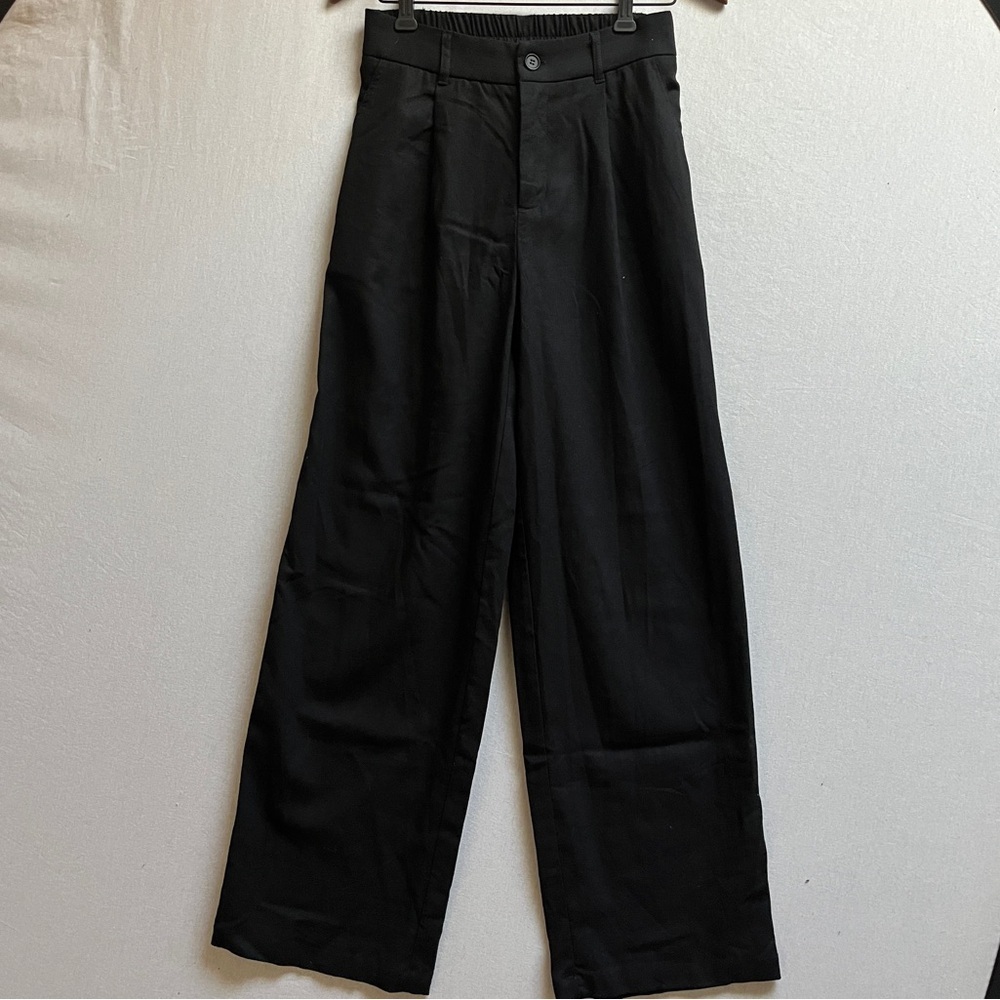 Willit Linen Cotton Womens Black Straight Leg Pants Elastic Waist Sz XS